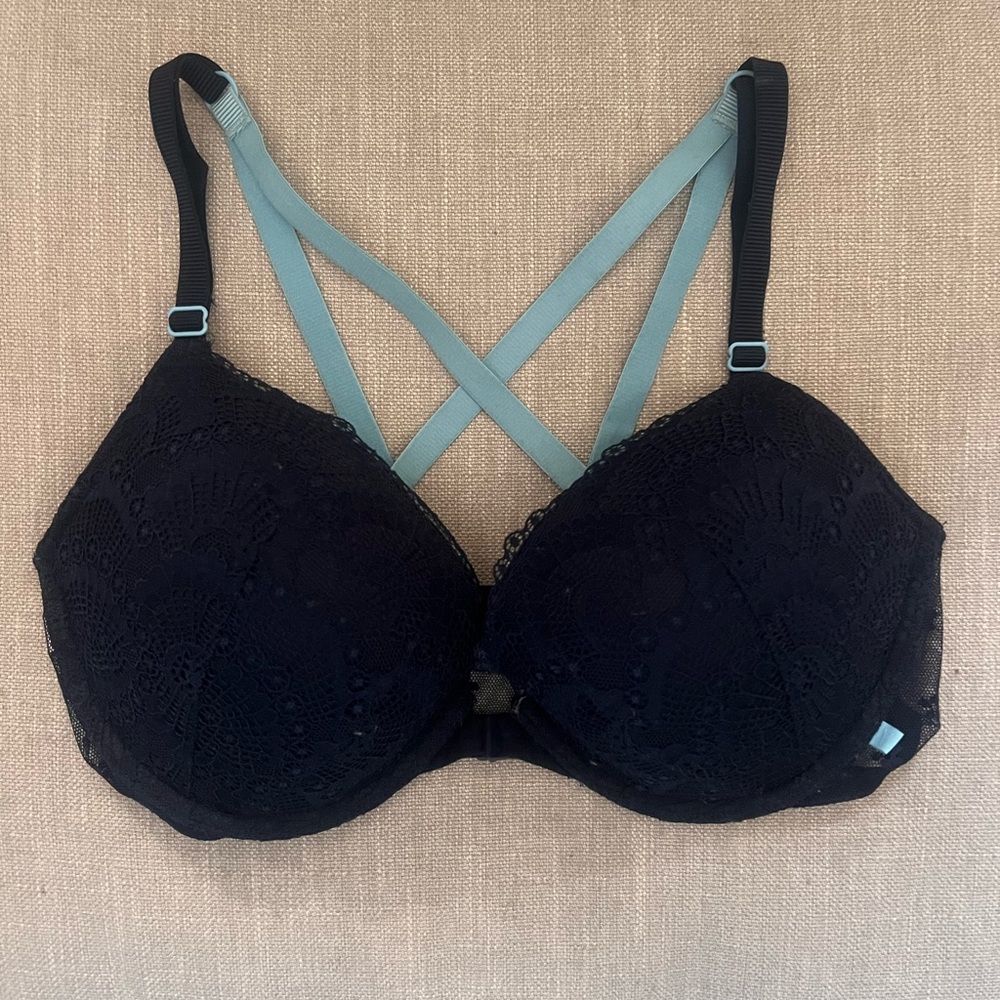 Victoria's Secret Black Lace Push-Up Bra with Teal Crisscross Straps